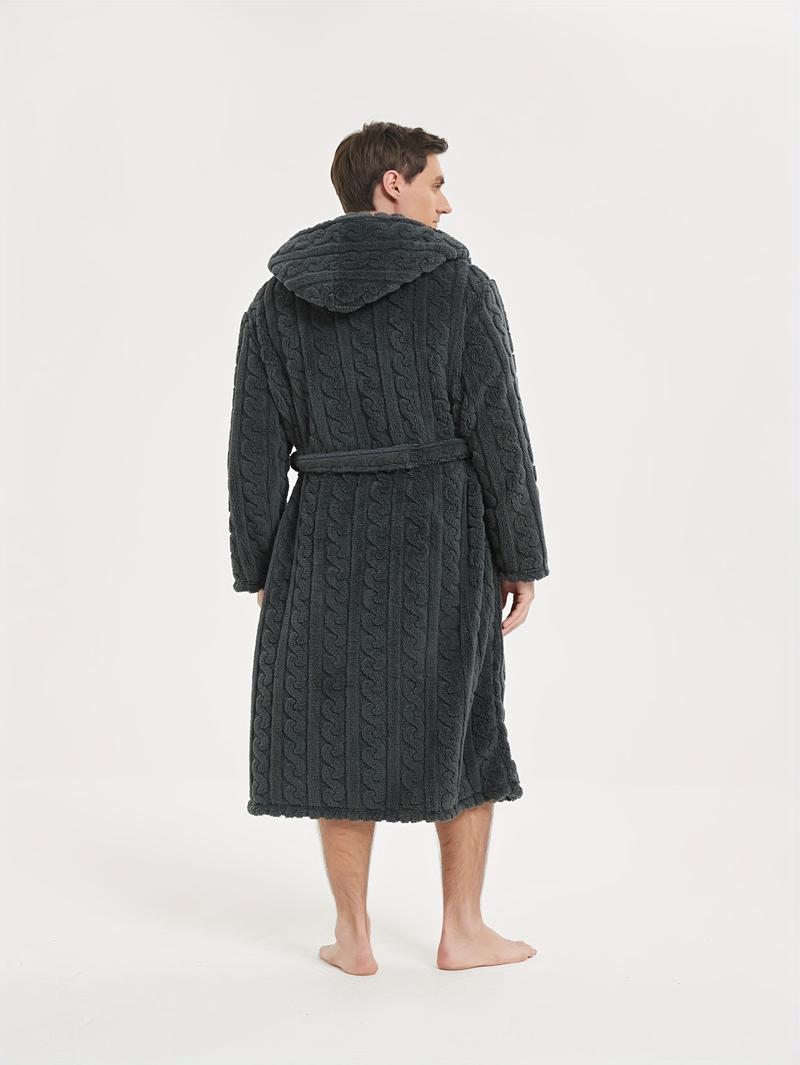 Product Introduction of Men's Comfy Solid Fleece Robe Home Hooded Pajamas Wear With Pocket & Hair Dry Hat, One-piece Lace Up Kimono Night-robe Warm Sets After Bath 11