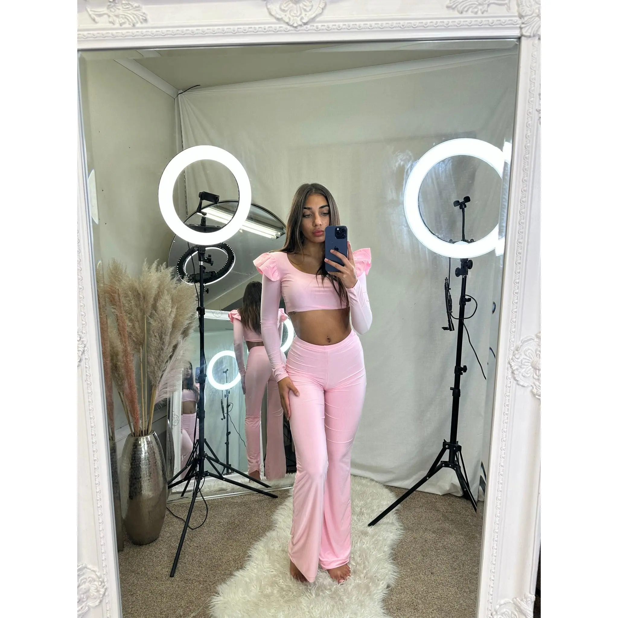 Crop frill long-sleeved loungewear set 5094