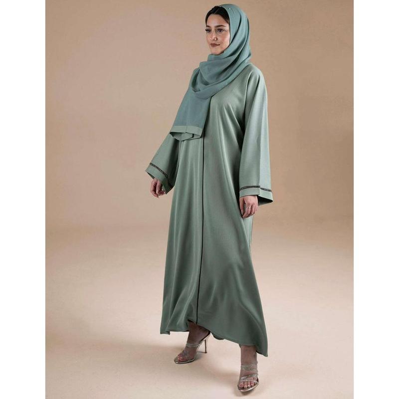 Mint Green Closed Abaya with Silver Sleeve Detail 3