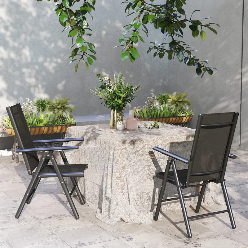 Outsunny Set of 2 Folding Chair, Aluminium Frame Outdoor Camping Chairs with Breathable Mesh Back and Seat, Garden Chair Set with Armrests for Balcony, Black 8