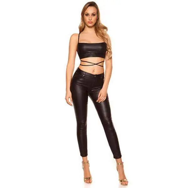 Leather Look Crop Top Strappy Ribbed Wrap Waist Spaghetti Wet Look KouCla - Blac
