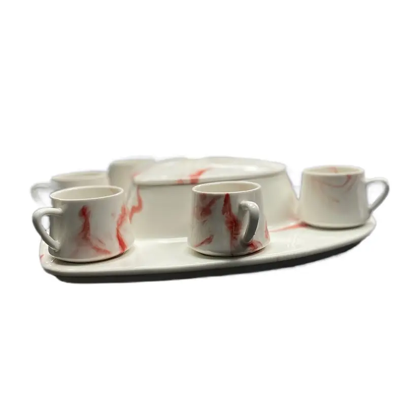 6PCS Ceramic Red Marble Effect Coffee Set 3