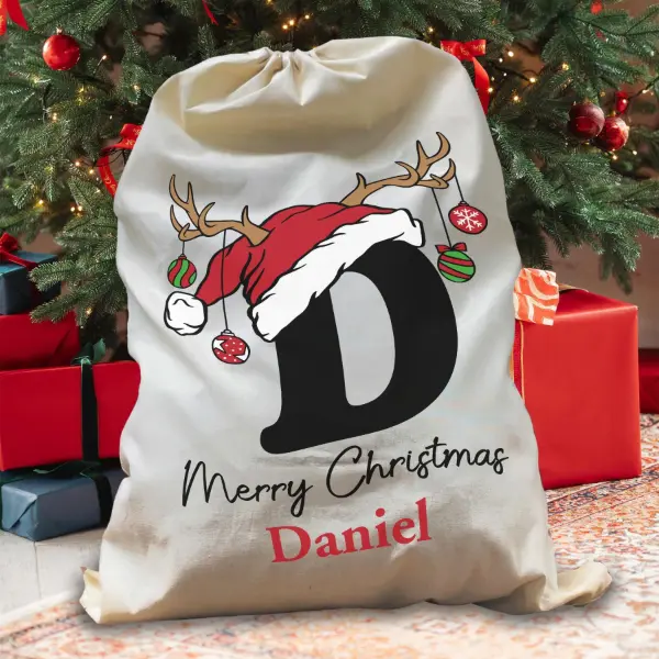 Personalised Jumbo Santa Sack  Custom Name & Initial | Reindeer Xmas Stocking Bag for Kids  Perfect for Toys & Gifts! Drawstring Cotton