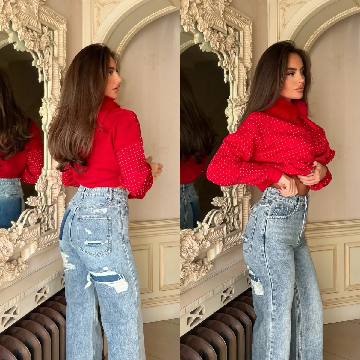 CLANCOFRANKO Denim Wide Flare Leg Pocket High Waist Ripped Jeans Viral