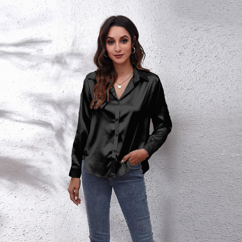 Product Introduction of Women's Satin Satin Imitation Silk Long Sleeved Shirt Elegant V-neck Retro Style Multicolor Shirt Top-Looki Ngi 24