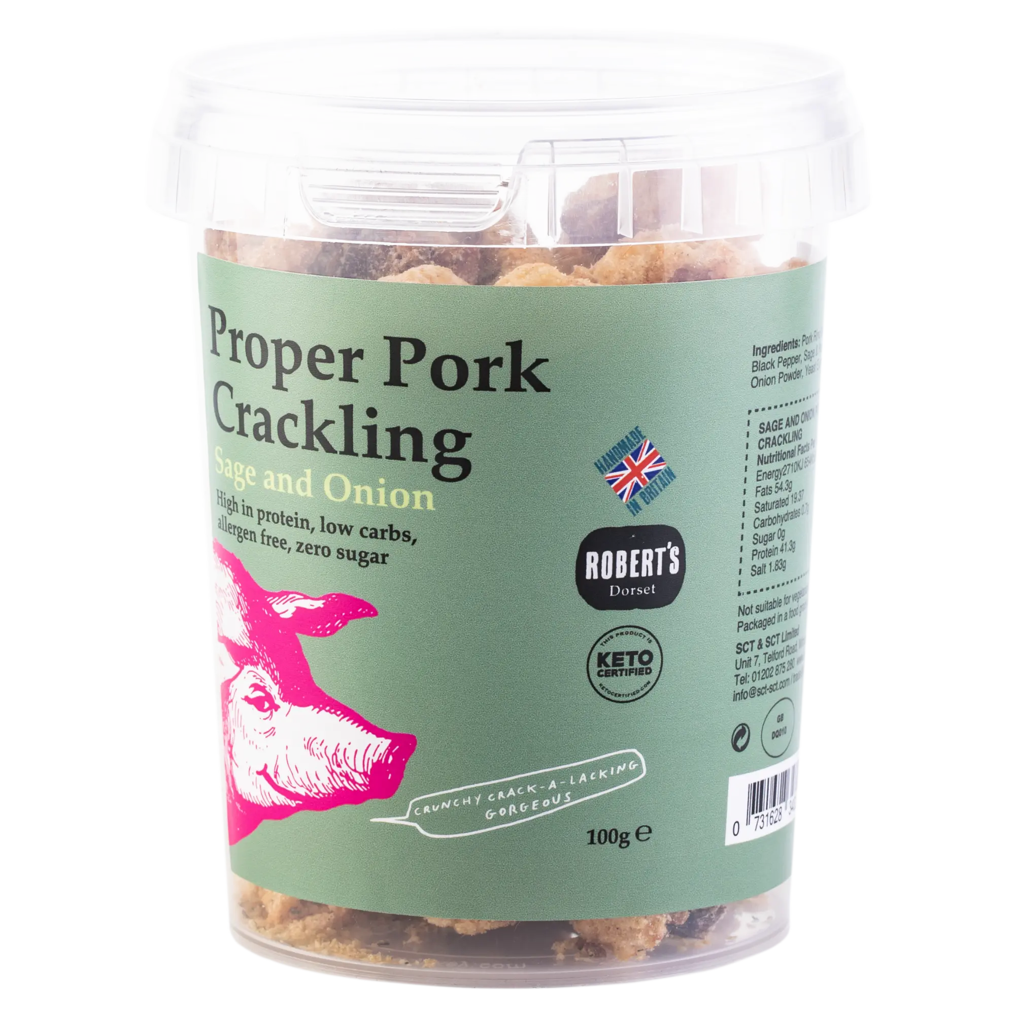 Proper Pork Crackling - 2 X 100g Pots – Available in Multiple Flavours - Keto-friendly, Allergen-Free, Low Carb & High Protein, Handmade in Britain, Natural Snack
