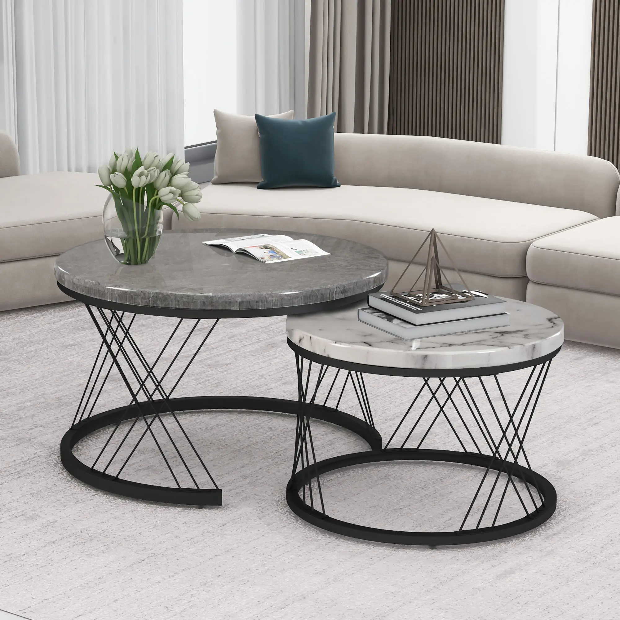 Round Coffee Table, Modern Coffee Table Set of 2 Marble Pattern Top with Metal Frame, Small Side Table, End Table for Living Room, Bedroom, Home Office, Farmhouse, White and Black marble  table