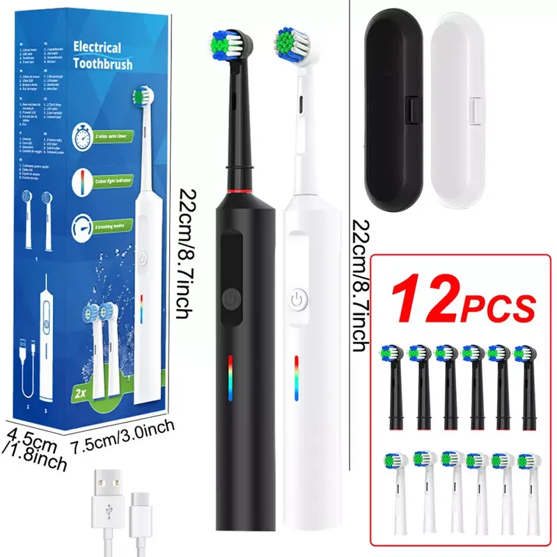 Toothbrush Electric Rechargeable Pro Rotating Brush Heads Timer Modes Usb 1