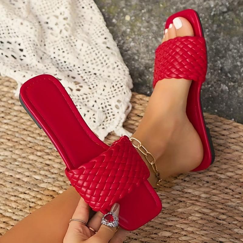 Product Introduction of Women's Woven Single Band   Sandals, Solid Color Square Open Toe Summer Shoes, Casual Outdoor Beach Shoes 7