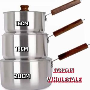 3Pc wooden Sauce Pot Aluminium 1x3 Saucepan Milk Pan Set with wooden handle and Lid Cookware Kitchen Pasta Pot Lightweight potsets potsets kitchen Size (16cm-18cm-20cm)