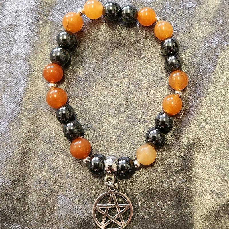 Crystal healing elasticated bracelet with Pentagram charm - Hematite and Orange Aventurine, Hematite and Obsidian, Hematite and Sodalite, Hematite and Carnelian 3