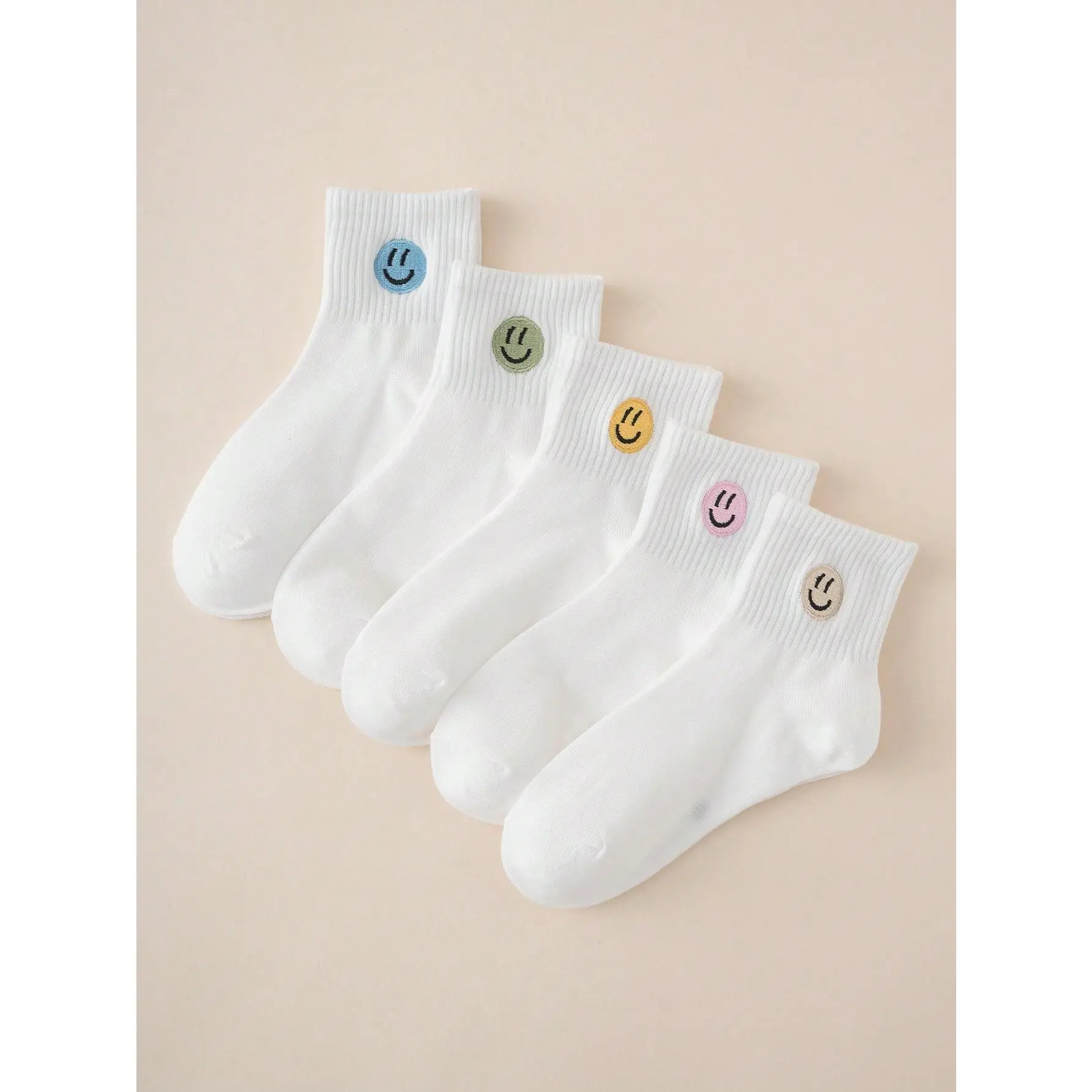 5pairs Interesting Personality Cartoon Embroidery Smiling Face Design Mid-Calf Kids Socks For Daily Fashion Matching