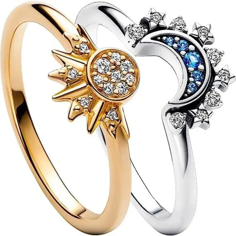 Sun & Moon Sparkling Couple Ring Set Engagement Jewelry