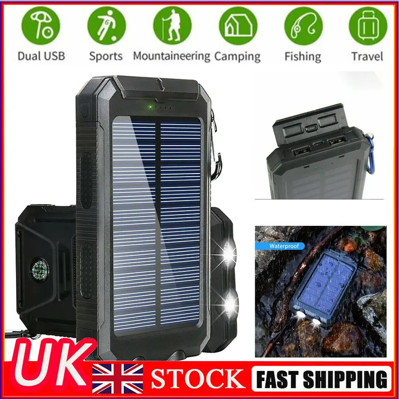 Waterproof 20000mAh Solar Power Bank LED USB Battery Charger iPhone Mobile Phone Smartphone 0