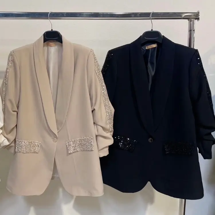 Sequin edged ruched sleeve blazer 1