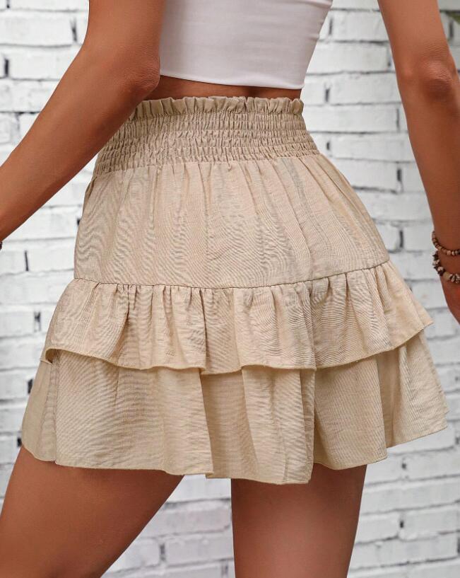 Product Introduction of Women's Frill Trim Ruffle Hem Shirred High Waist Shorts, Boho Casual Tiered Layer Shorts for Spring & Summer, Summer Shorts for Women, Back To School, Ladies Elegance Minimalist Shorts, Wide Leg Shorts for Women, Ruffle Shorts 5