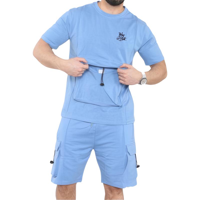 Mens Short Sleeve Short & T-Shirt Set Gym Jogging Lightweight Sweat Top Tee Chest Pocket Cargo Fleece Shorts 5
