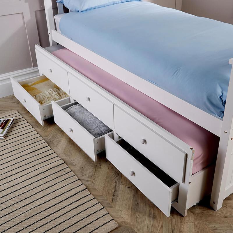 Big Furniture Warehouse White Solid Pine Cabin Bed 3ft Single Pull Out Guest Bed With 3 Storage Drawers 7