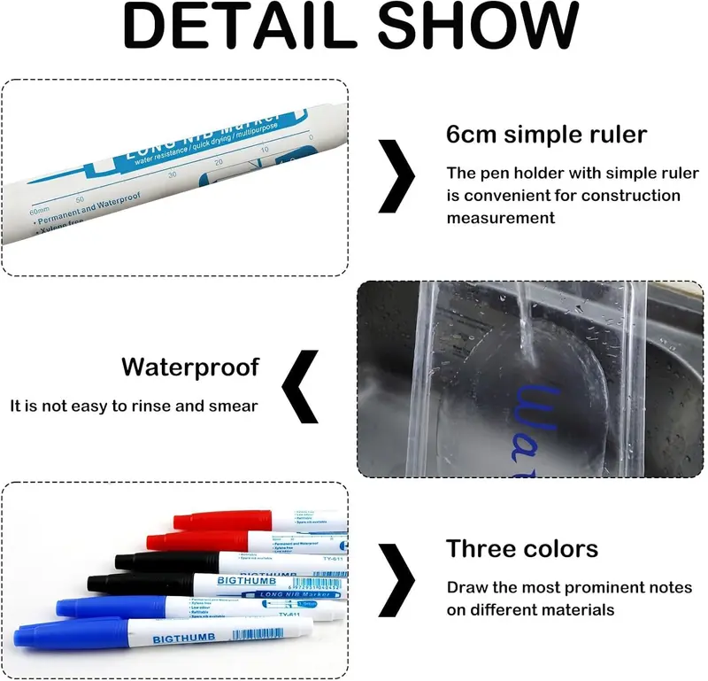 6PCS Long Head Deep Hole Marker Carpenters Pens, 30mm Extra Long Reach Pen Fine Tip Permanent Marker Pens Hole Marker Tool for Permanent Marking of Hard to Reach Areas (Black Blue Red) 4