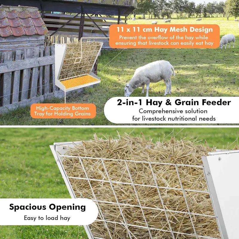 COSTWAY - Livestock Hay Rack, Large Capacity Hay & Grain Feeder with Food Saving Grid, Double Adjustable Hooks, Wall-Mounted Metal Forage Rack for Goats, Sheep, Horses, Rabbits 1