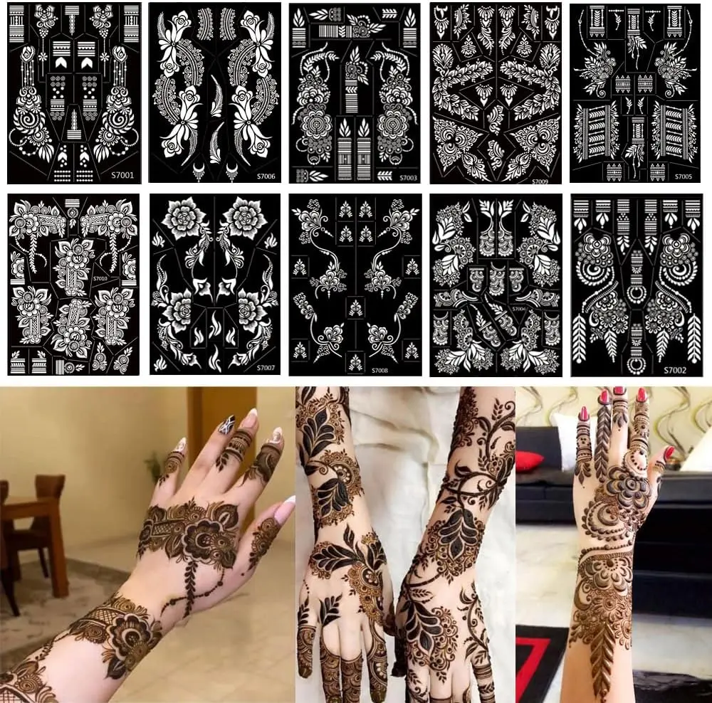 XMASIR 10 Sheets Temporary Tattoo Stencils 20 Pcs Arm Hand Tattoos Template Indian Arabian Glitter Airbrush Tattoo Stickers for Paint DIY