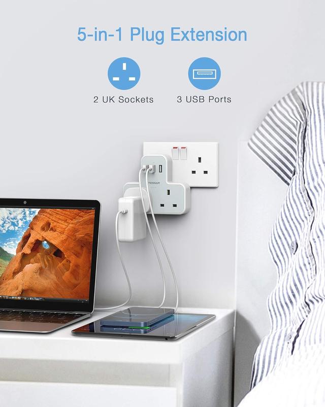 Plug Adapter with 3 USB Plug, TESSAN Double Plug Adaptor Extension Plug, 2 Way Multi Plug Extension with USB Charger Plug, Slim Multiple Plug Socket UK for Kitchen, Office, School Supplies 1