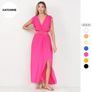 KatchMe Women's Elegant Solid Color V Neck Puff Sleeve Tie-Up Slit Maxi Dress(No Belt),Summer Plain Dresses for Lady,Birthday Outfits,Chic Womenswear