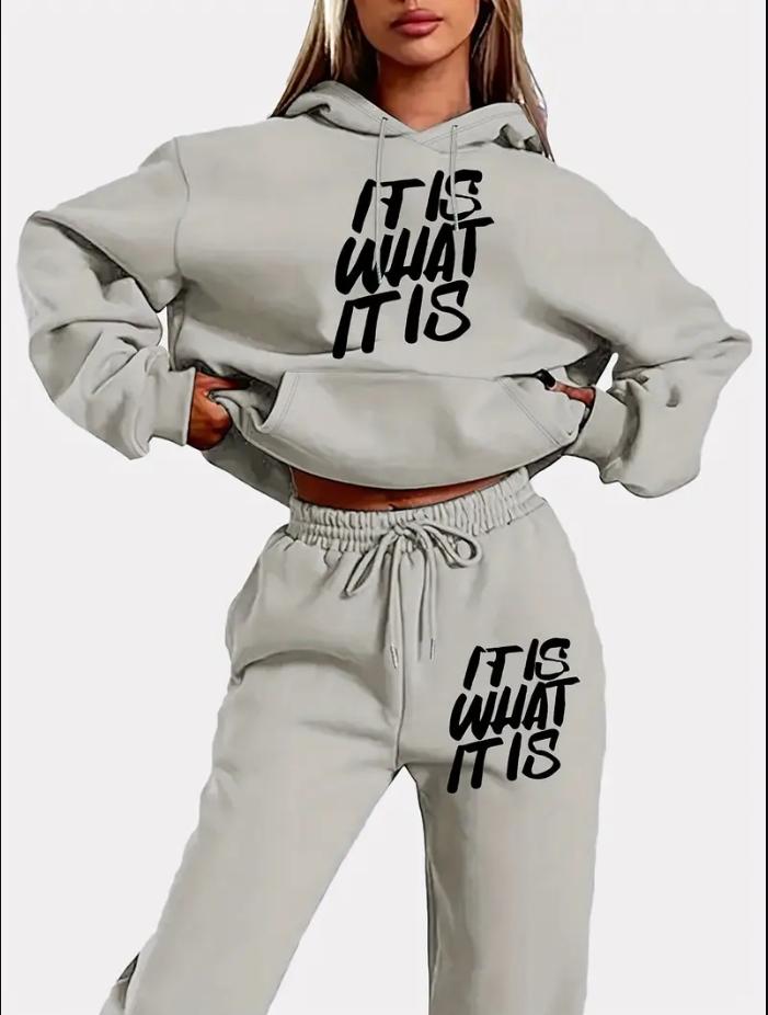 Product Introduction of Women's Oversized Hoodie Tracksuit Set with Geometric Letter Print, Casual Style, Long Sleeve Sweater and Pants with Pockets Autumn and Winter 7
