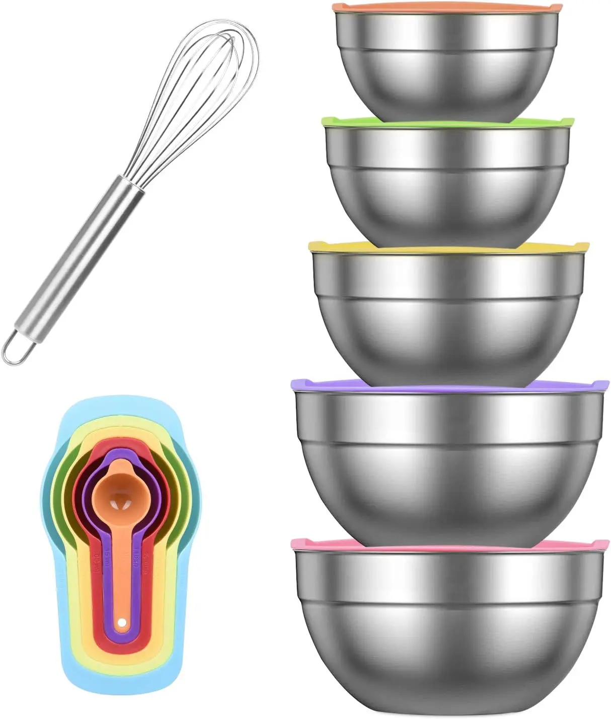 Mixing Bowl Set, 5 Pcs Stainless Steel Nesting Mixing Bowls Set, Salad Bowl with Lids for Kitchen Cooking Baking Supplies, Including 6 Pcs Measuring Spoons, 1 Pc Egg Whisk Tableware