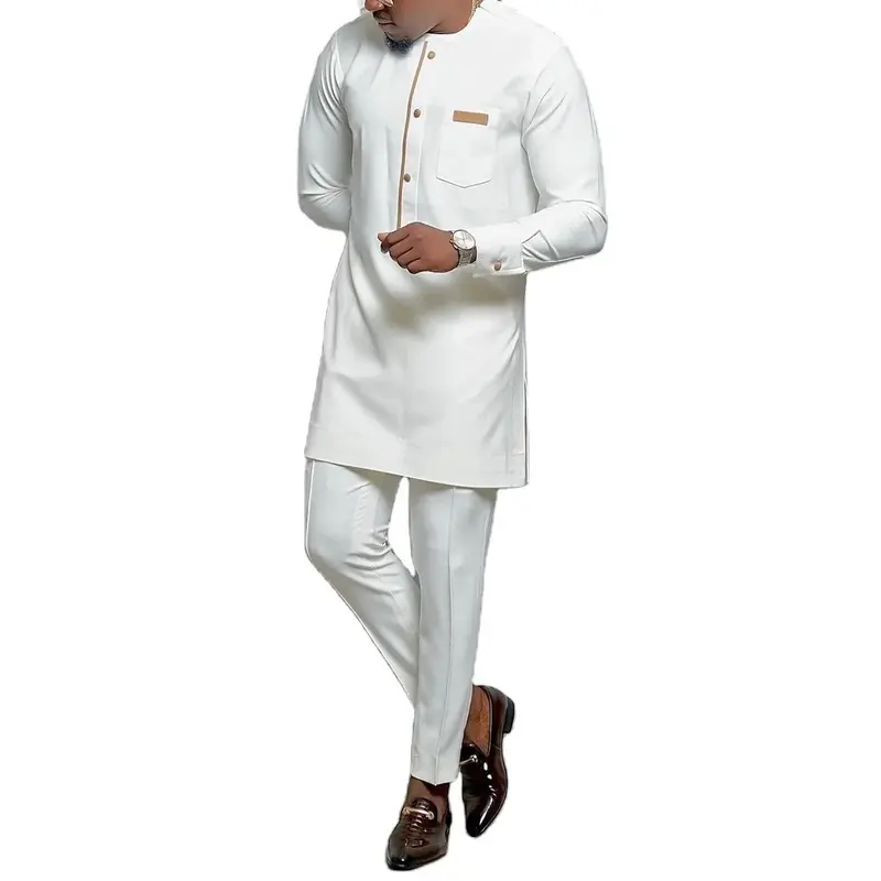 Traditional African Men's Casual Suit Pants and shirt Set M -4XL. Round Neck Slim and plus size Long- Sleeve Muslim Robes for Male Ethnic Style African Dashiki Shirt Two pcs suit Round Neck Youth Robe Long Pants Muslim Men Thobe Long Sleeve Trouser Jubba 2