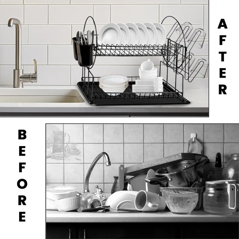 2 Tier Black Dish Drainer Rack with Drip Tray Stainless Steel Draining Dish drainer with Draining Board and Utensils Holder Dish Drying Rack for Small Kitchen Counter top Organiser draining rack Room Room 2