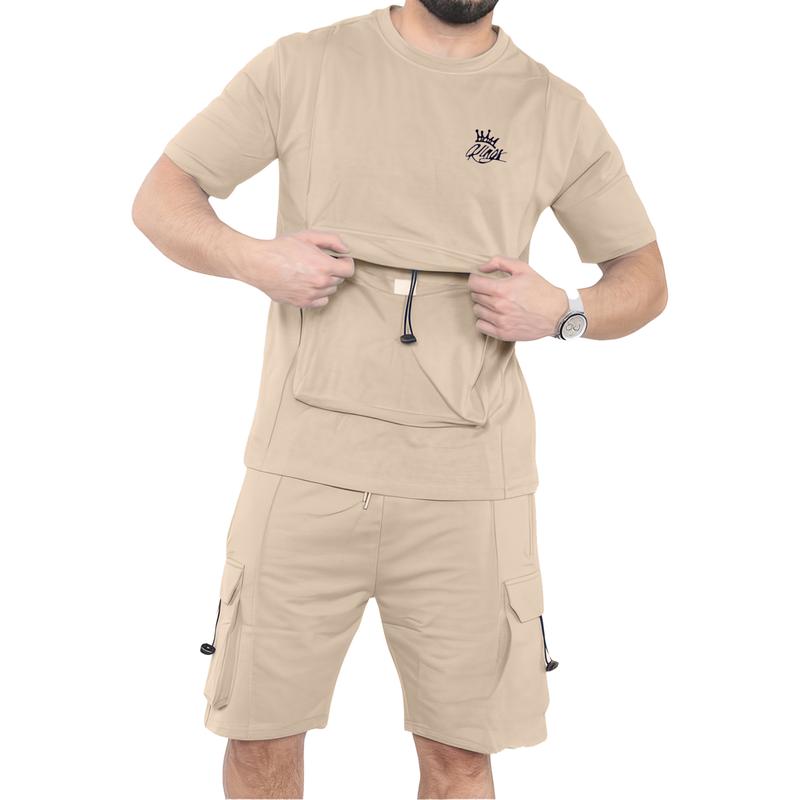 Mens Short Sleeve Short & T-Shirt Set Gym Jogging Lightweight Sweat Top Tee Chest Pocket Cargo Fleece Shorts 1