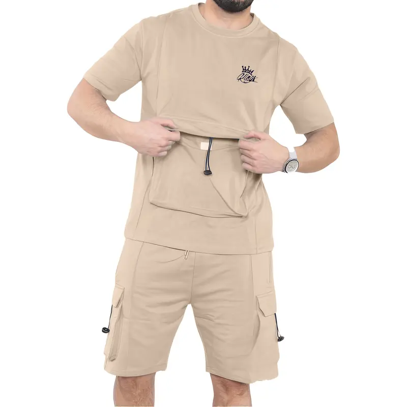 Mens Short Sleeve Short & T-Shirt Set Gym Jogging Lightweight Sweat Top Tee Chest Pocket Cargo Fleece Shorts 1