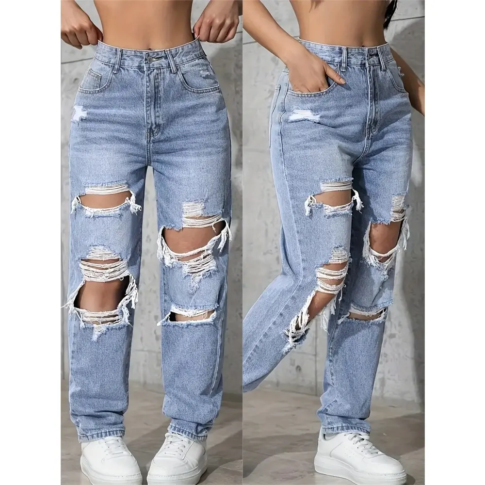 Spring and Summer Breathable Comfortable Women'S Small Foot Ripped Jeans - Light Blue Stretch Denim, Ripped Casual Style, High Waist Slim Fit