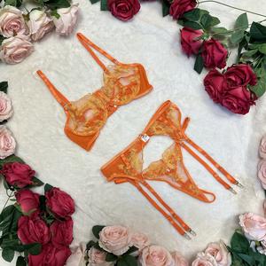 Liliosa Lingerie Apollo High Quality Mesh Sheer Virbant Orange Floral Embroidery 3 Piece Lingerie Set ( (Clasp Bra + Clasp Garter + Adjustable Pants) Comfortable Everyday Womenswear, Soft Breathable Supportive Bra, Everyday Elegant Outfits Sexy Fashion
