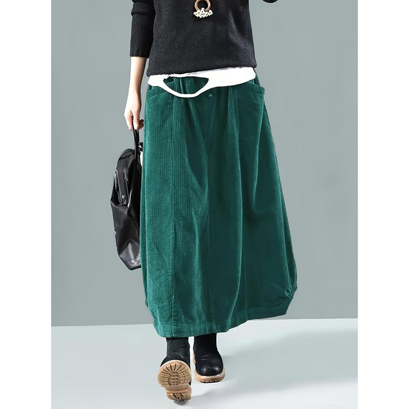 Button Detail Elastic Waist Skirt, Casual Dual Pockets Cocoon Skirt For Spring & Fall, Women's Clothing Womenswear Bottom 2