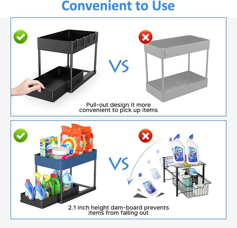 Cabinet, 2 Pack Under Sink Organizer, 2 Tier Sliding Bathroom Kitchen Organizer, Large White ABS Baskets, Easy Install & Clean 3