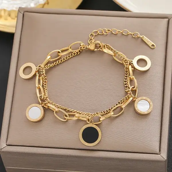 18K Gold Plated Roman Numeral Layered Chain Bracelet Stainless Steel