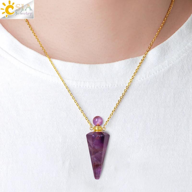 Natural Stone Cone Perfume Bottle Necklace – Healing Clear Quartz Crystal Pendant, Essential Oil Diffuser Vial for Aromatherapy 5