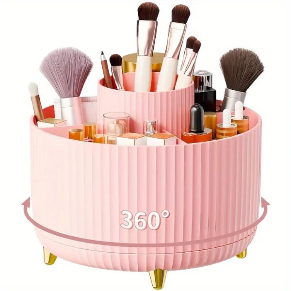 360 Rotating Makeup Organizer - 1pc Plastic Cosmetic Storage with 5 Compartments - Multi-Functional Holder for Brushes, Lipsticks, Skin Care Products, and Stationery - Durable Unscented Desk Caddy with Luxury Stripe Design Boxes black 5