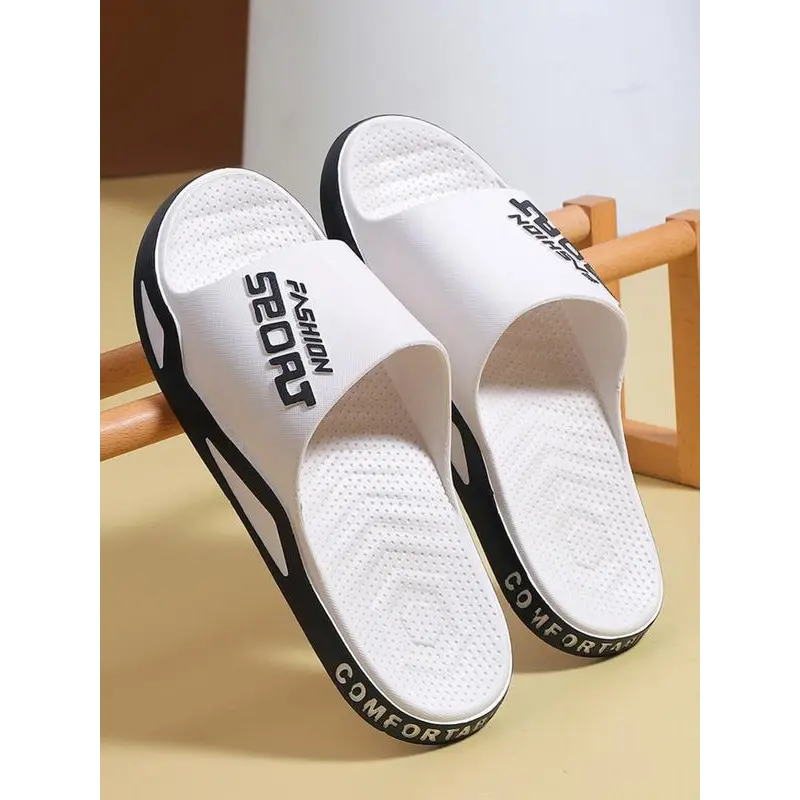 Men's Casual Letterd Print Non-slip Slides, Comfortable Soft Colorblock Slippers for Indoor Outdoor Beach Shower, All-match Commuter Shoes for Work & Daily Wear Footwear Boy Flipflop Parent White Bedroom Tactical