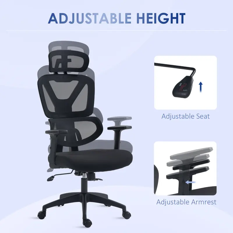 Vinsetto Ergonomic Office Chair, Mesh Swivel Desk Chair with Lumbar Support, Padded Seat, Adjustable Height and Headrest for Home Office, Black 6