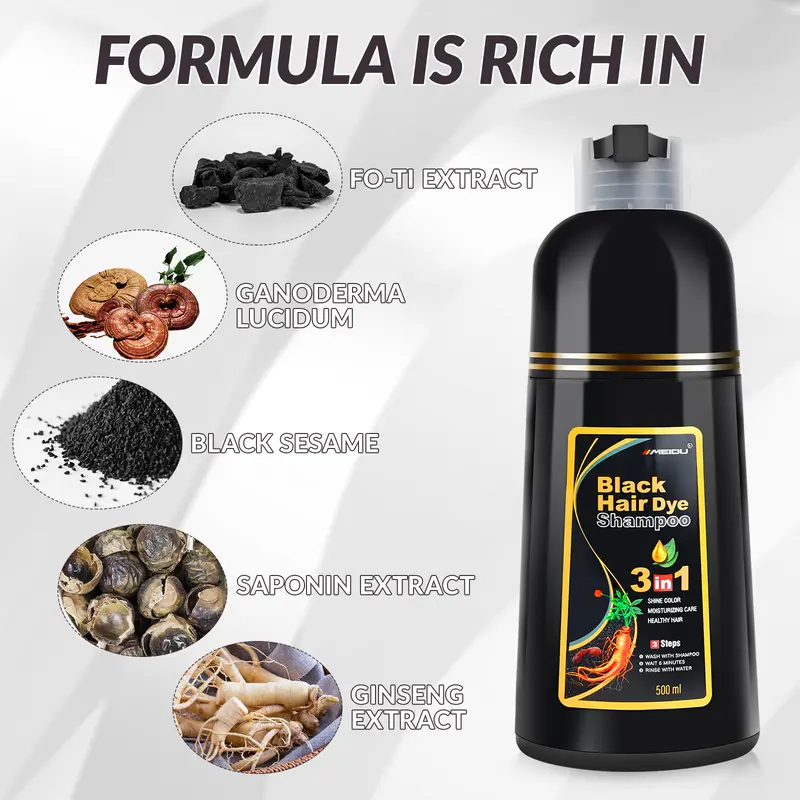 MEIDU 3 in 1 Black Hair Dye Shampoo - Can cover gray hairs,Herbal Ingredients Natural Hair Colour Shampoo,Contains Ginseng Extract,Natural Haircoloring,Phytocare,salon Haircare 2