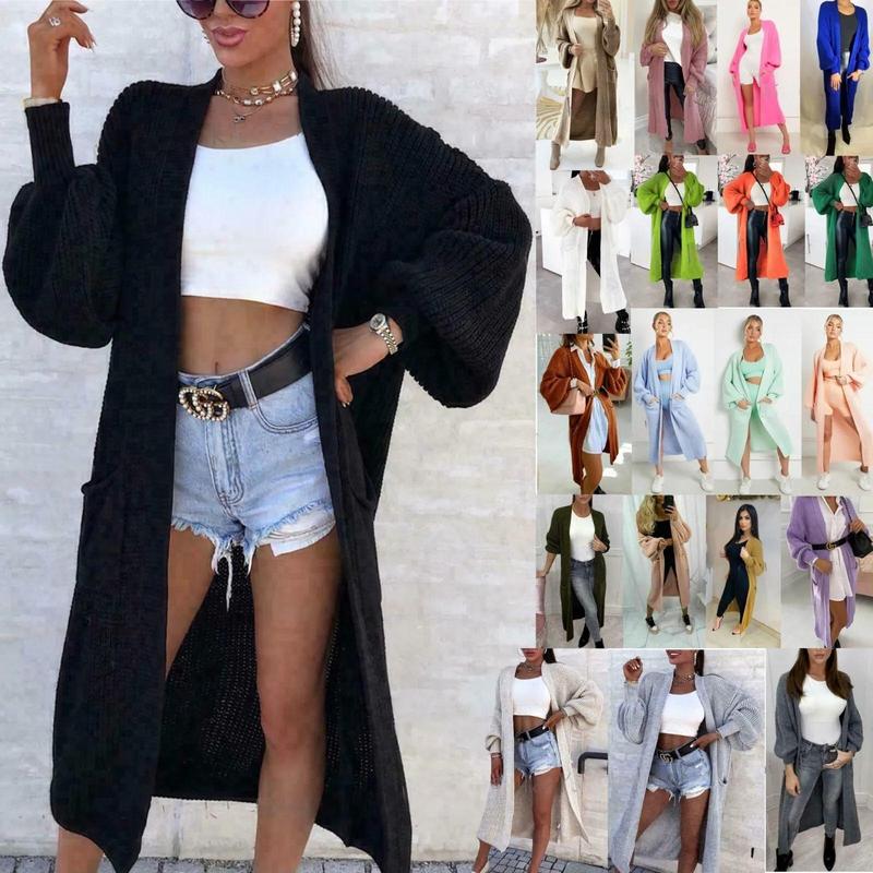 Women Chunky Knitted Oversized Cardigan Ladies Balloon Sleeve Long Maxi Cardigan Fit Knitwear Womenswear Casual Comfortable Dress Elegance Outfit Tops Underwear Loose Basic Minimalist 0