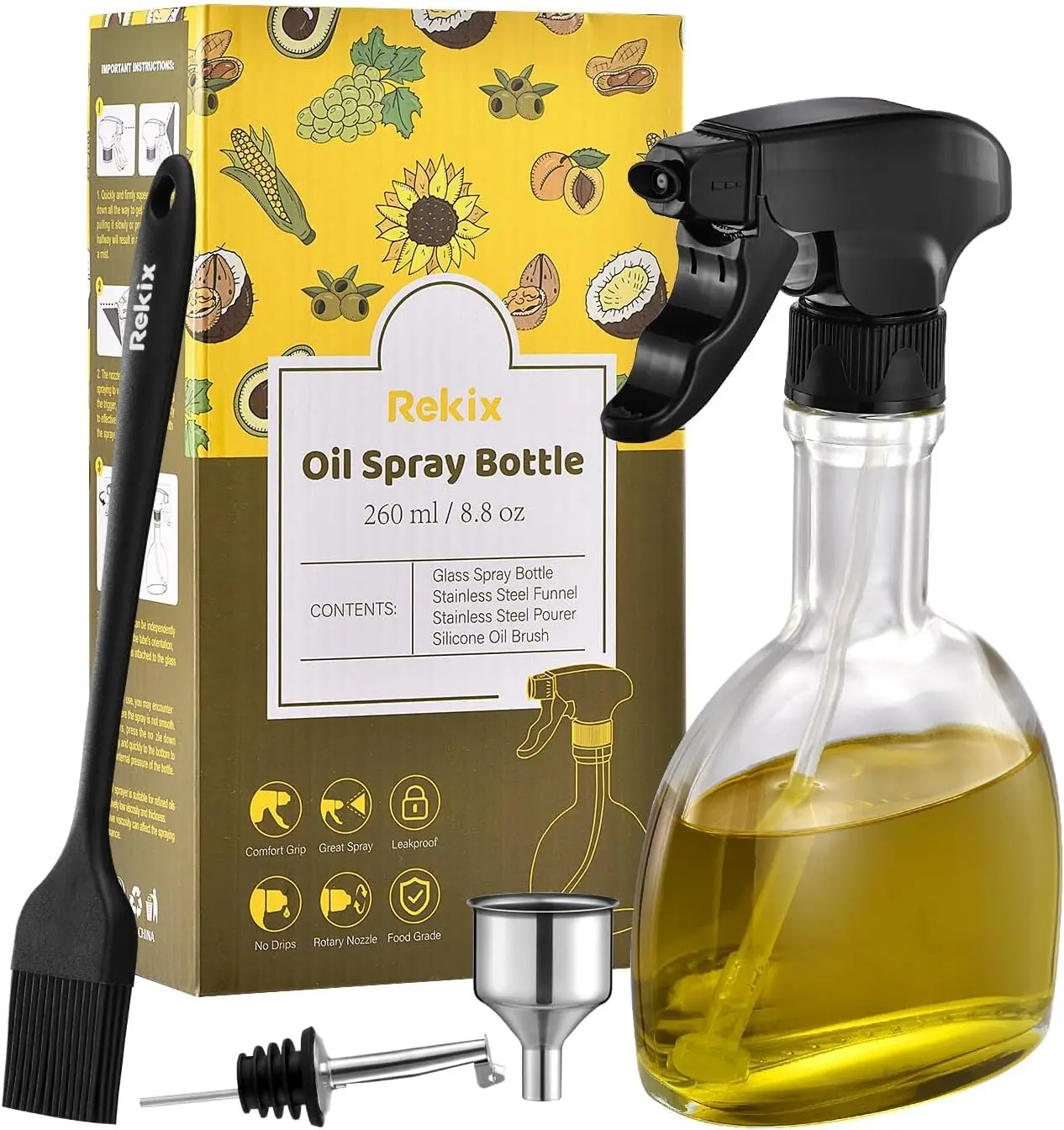 260ml Oil Spray Bottle, Glass Olive Oil Spray Bottle, Oil Sprayer for Cooking Air Fryer, Spray Bottle for Cooking Oil, Oil Mister Spray Bottle, Oil Sprayer Set with Brush, Funnel, Pourer Dispensers Kitchen