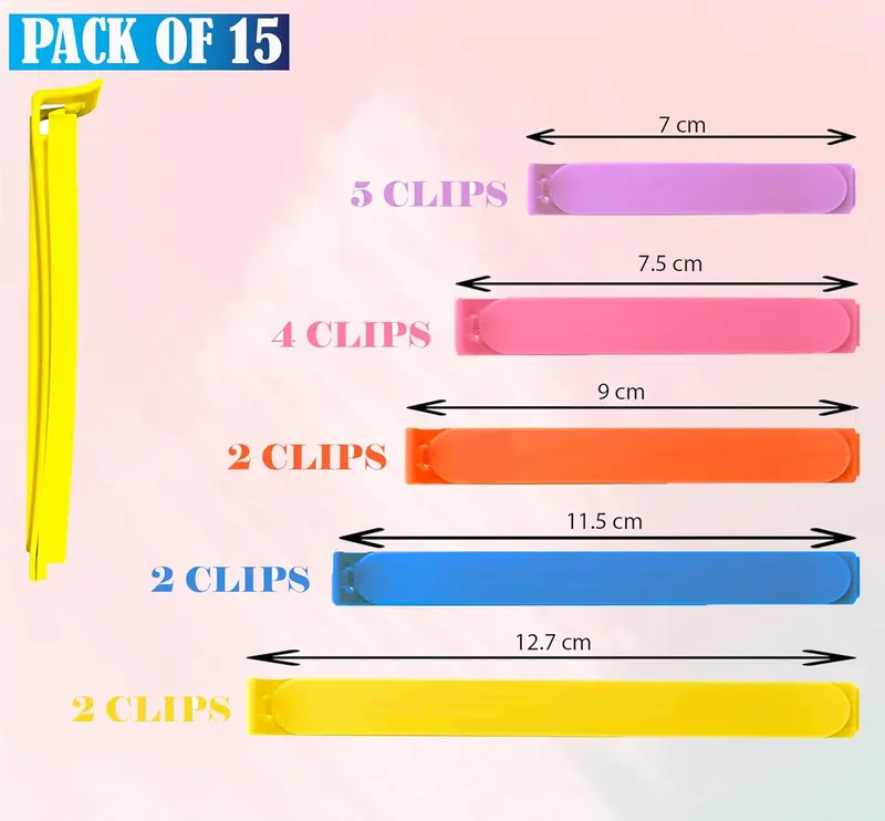 15 Pcs Food Clips , Bag Sealing Clips for Sealing Food Storage Bags, Food Bag Clips in 5 Colors, Reusable Plastic Bag Clips for Food Storage for Sandwiches and Snack Bags Kitchen Utensils 1