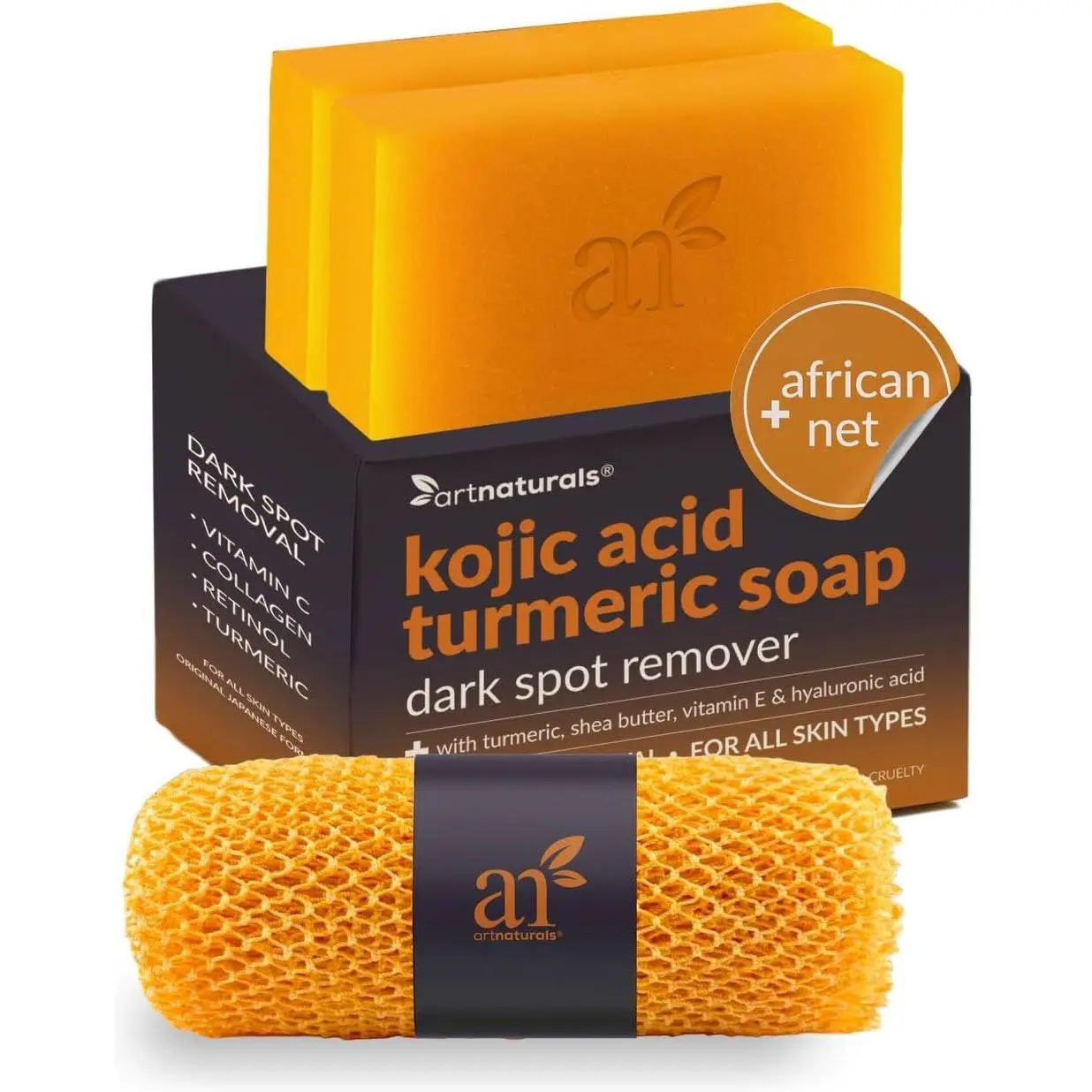 Kojic Acid Soap + African Net Sponge (2 pack X 142g Turmeric bars) Dark spot remover, Hyperpigmentation & Scars - Original Japanese Complex Vitamin C, Hyaluronic Acid, retinol, shea butter (Citrus)