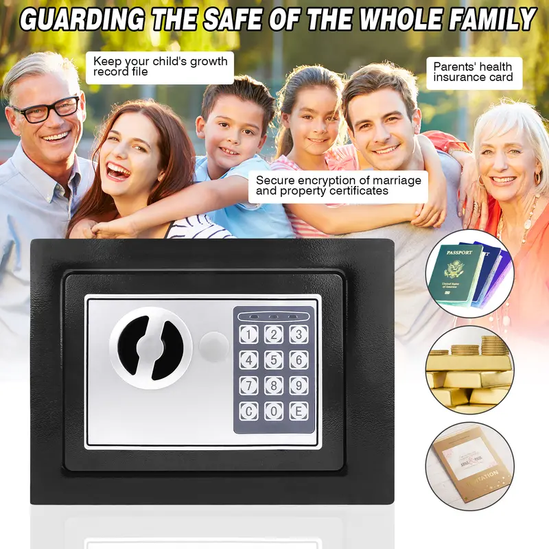 Home Digital Safe Electronic Cash Boxes Cabinet Safes Wall Safe Password with PIN code and Key,Small Safe Money Box Wall Mounted for Home Office Hotel 230mmx170mmx170mm,Steel Construction，Black High Security Home Safe 2