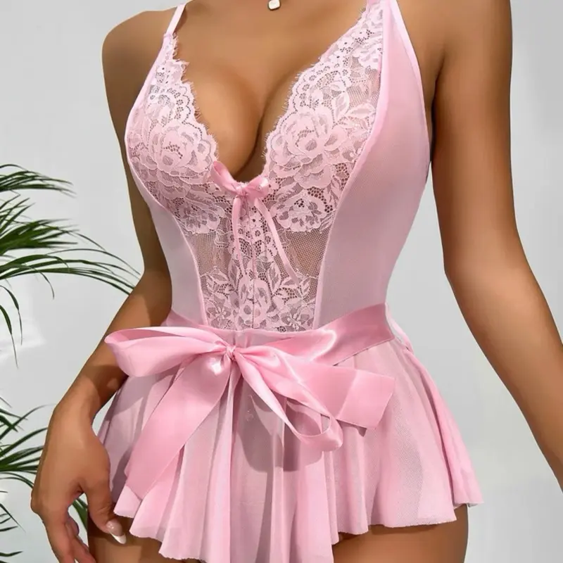Lace Mesh Bow Front Belted Teddy Nightdress