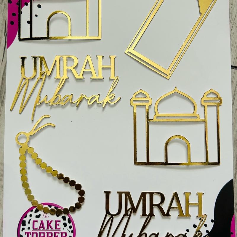Umrah Mubarak Mixed Cupcake Topper Set with Mosque, Prayer Mat, Prayer Beads, and Tasbih - Ornaments, Decor Metallic Gift 5